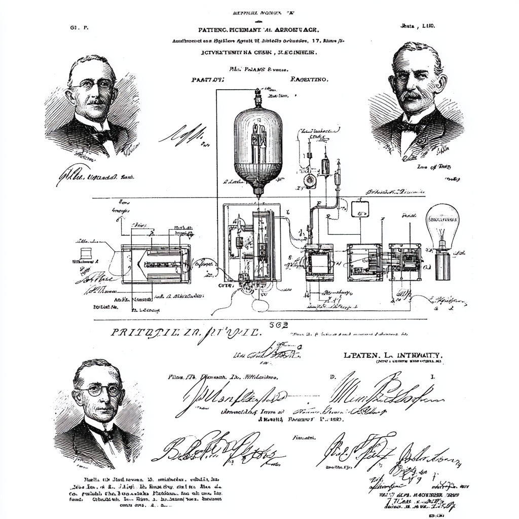 Tarihi patent çizimi ve mucit portreleri